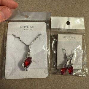 Red and Silver Tone Crystal Necklace and Earring Set